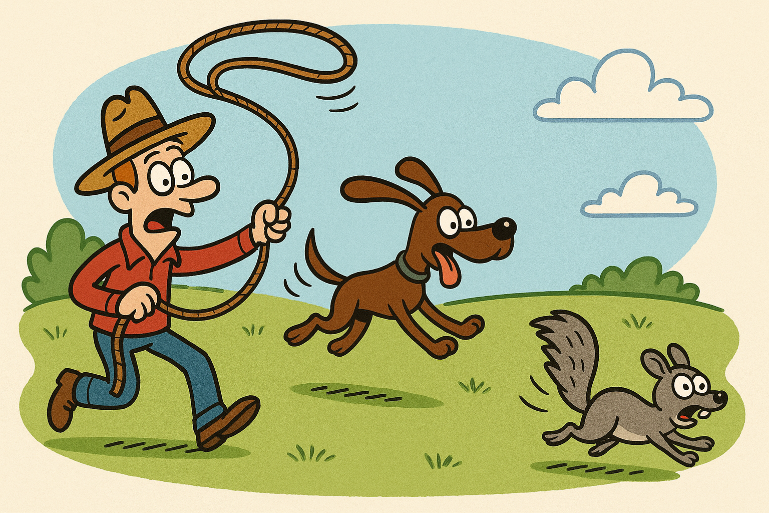 A cartoon of a person with a lasso chasing a dog, which is chasing a squirrel.
